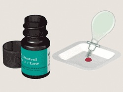 Blood key drawing up test control solution from disposable tray