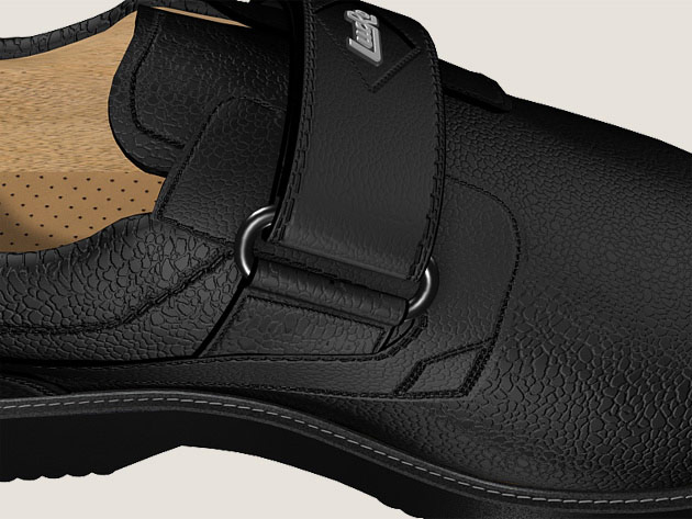 Image showing detail of stitching and texture effect of leather effect upper